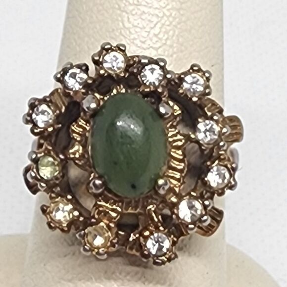 Vintage 18 Karat Gold Electroplated Nephrite & Glass Rhinestones Ring (6) - Picture 1 of 6